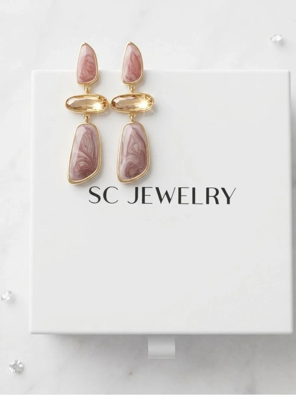 14K Gold Plated Pink Marble Resin Drop Earrings ✨ Luxury Boutique Statement